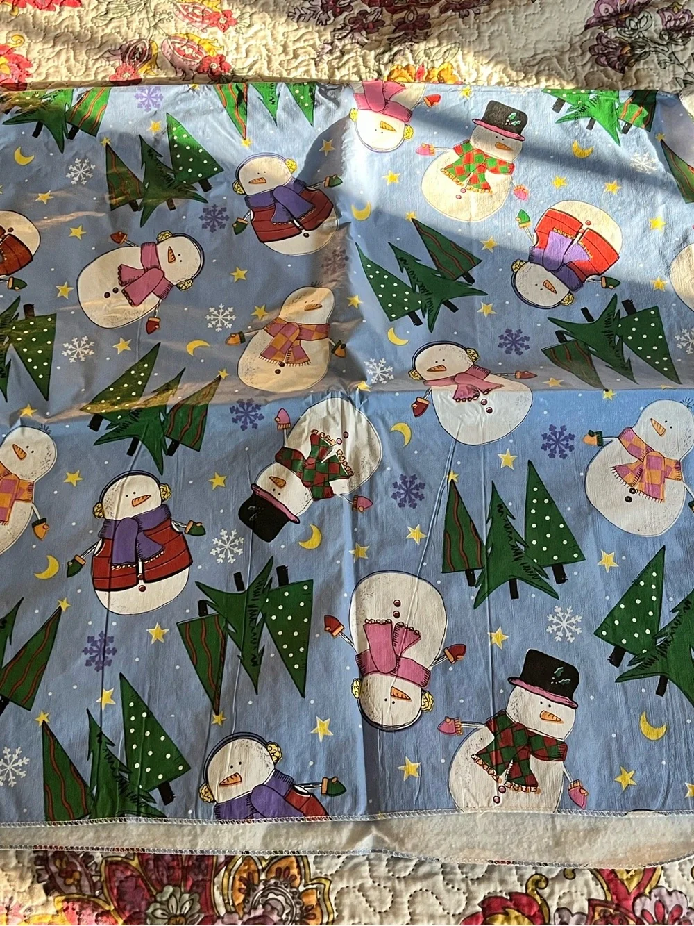 Vintage 90’s Christmas Tablecloth Snowmen Tree Blue 53x52 Xmas Textile